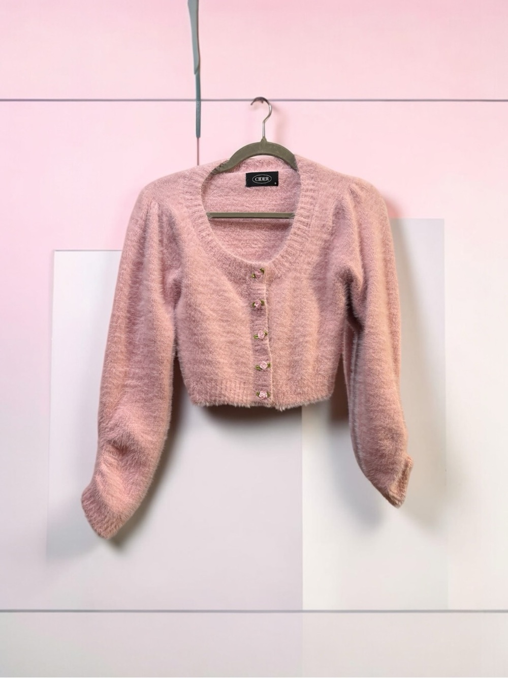 Cider Pink Fuzzy Cropped Button-Up Cardigan with rose floral buttons Coquette sm
